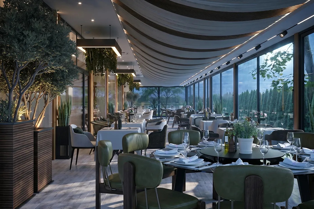 3D koncept render bašte hotela Stari Banat usklađen sa enterijerom sale za venčanja