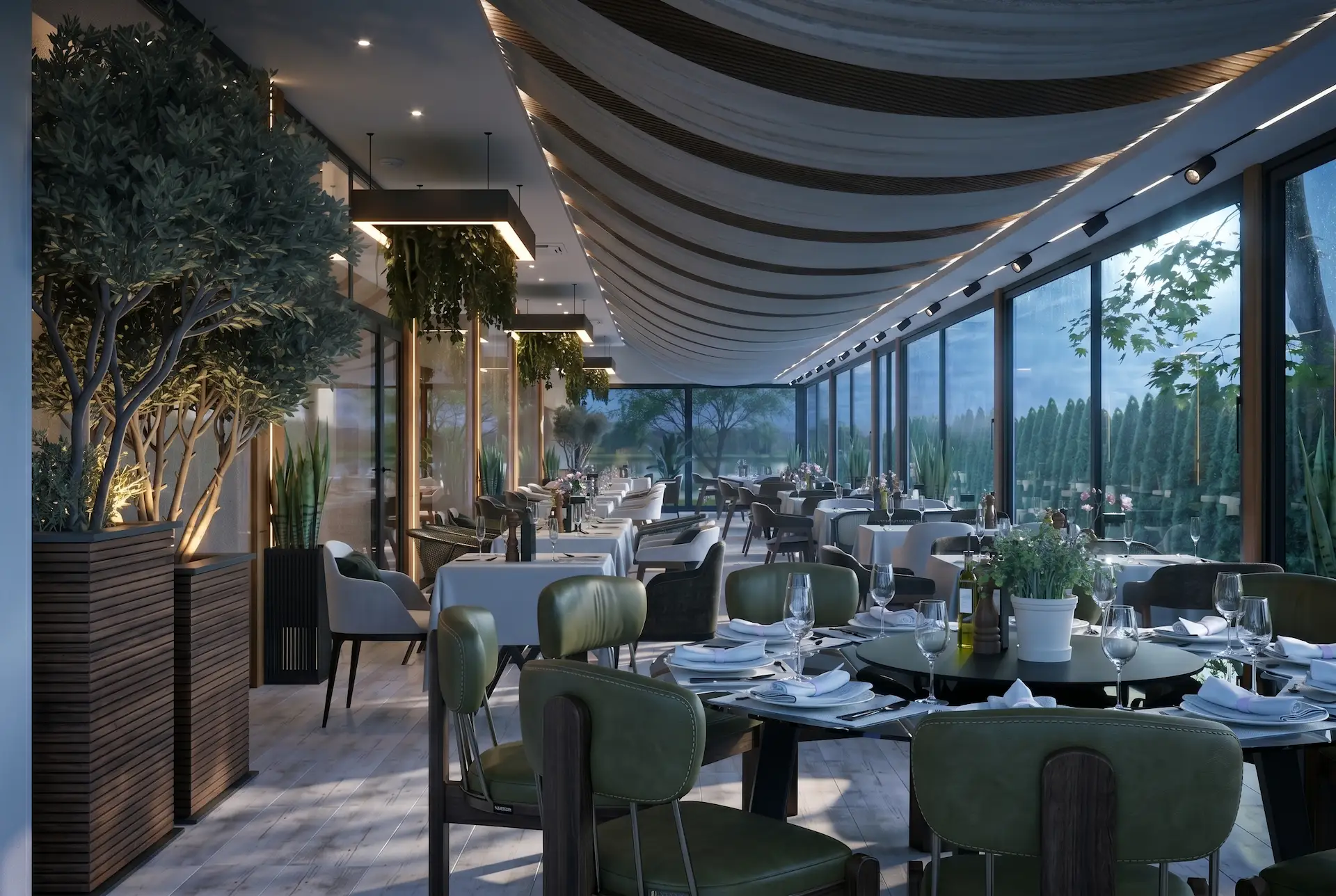 3D render širег prikaza bašte hotela Stari Banat noću