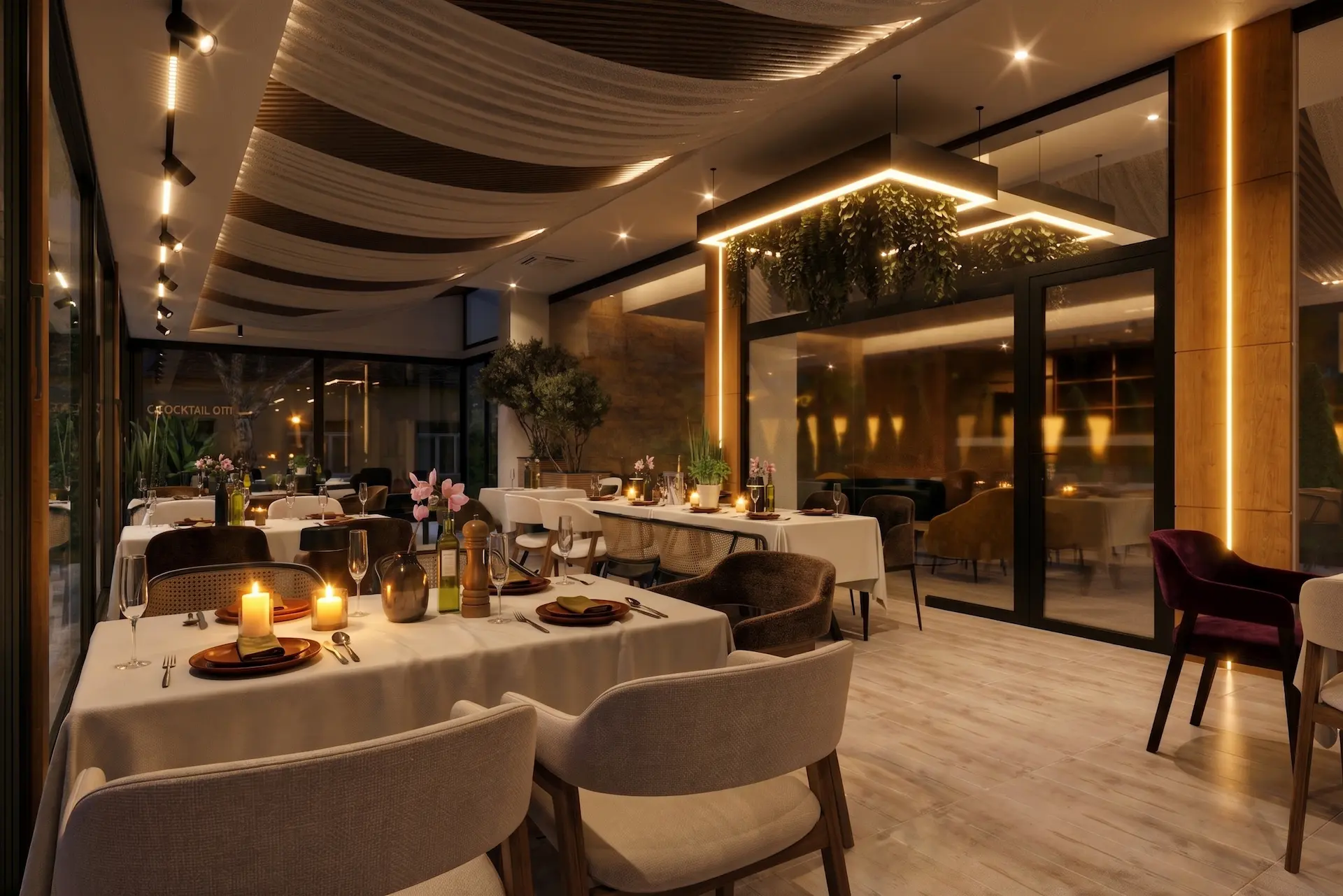3D render bašte hotela Stari Banat noću sa drvenim akcentima