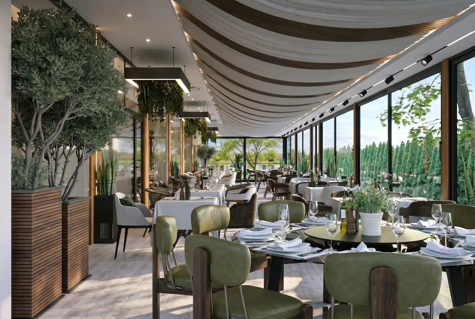3D render širег prikaza bašte hotela Stari Banat danju