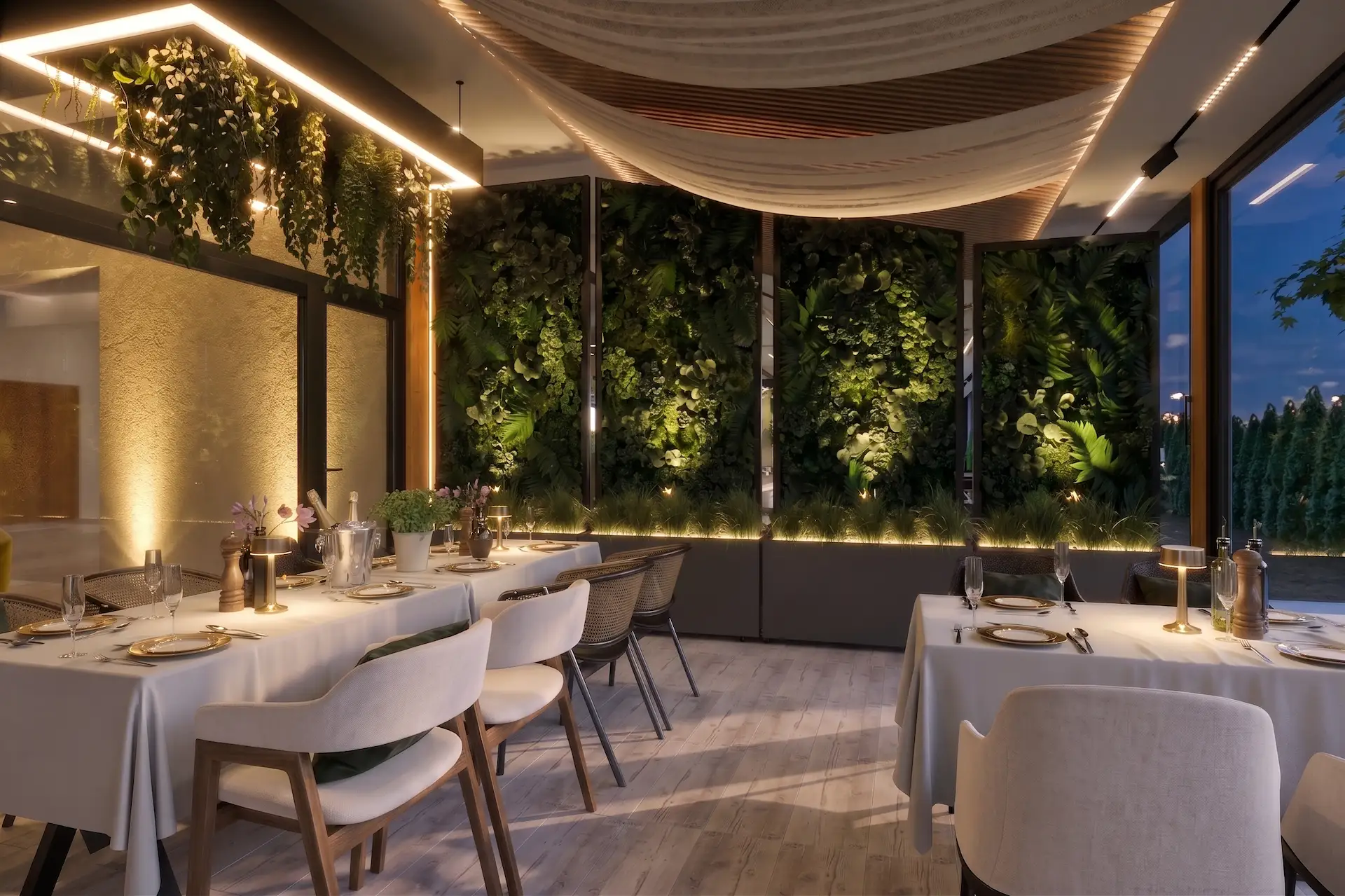 3D render bašte hotela Stari Banat noću iz drugog ugla