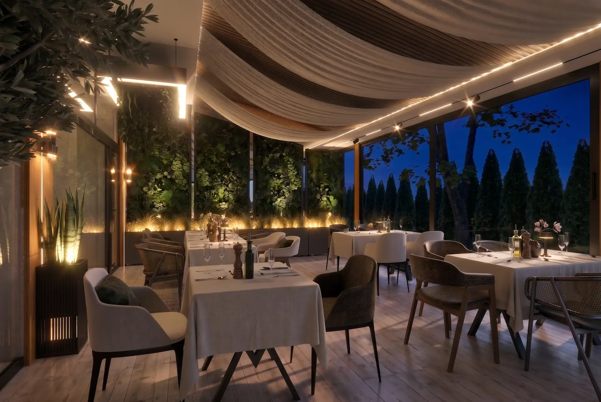 3D render bašte hotela Stari Banat noću sa paravanom za privatnost