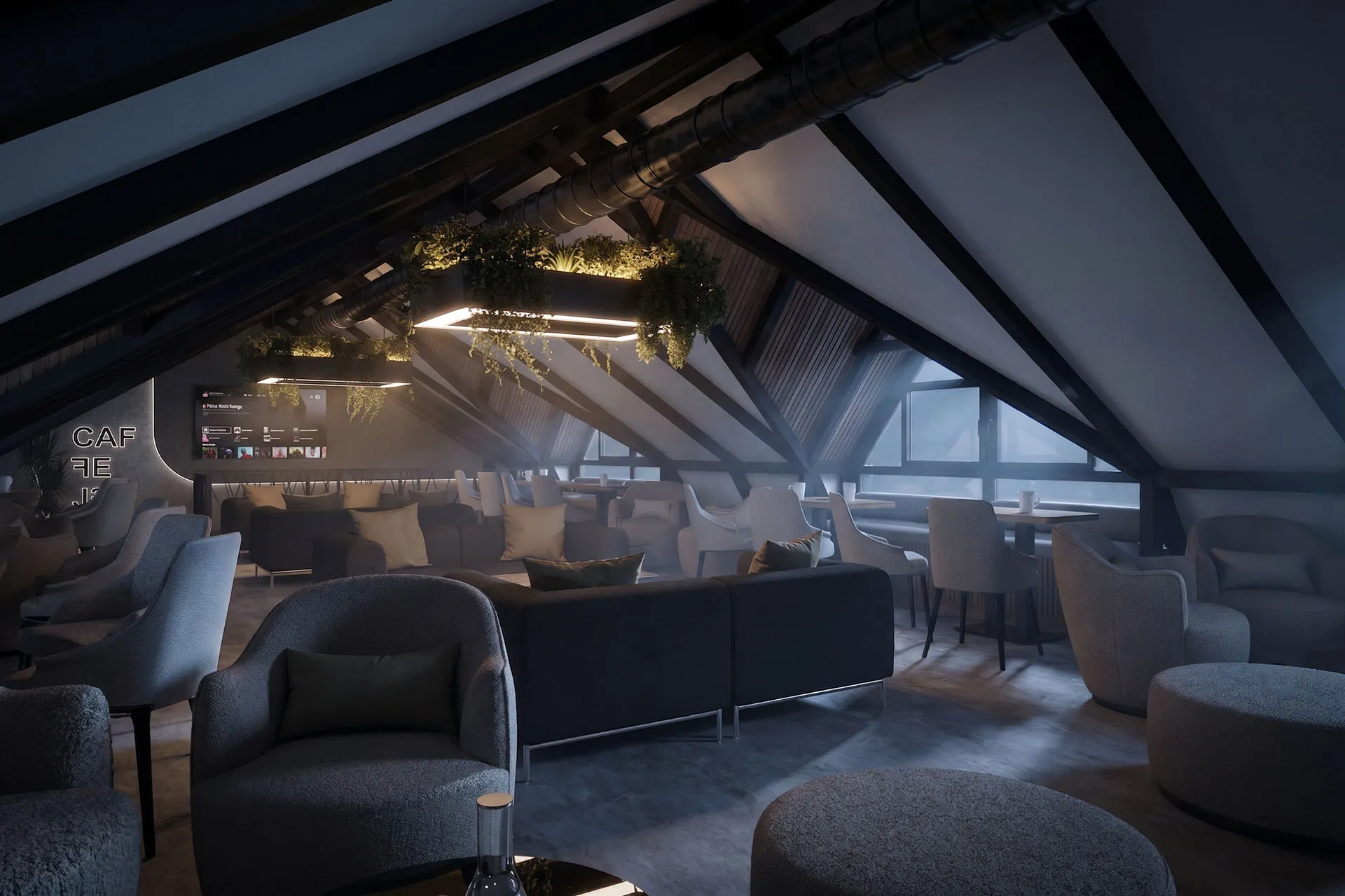 3D render zone sa foteljama u potkrovlju kafea Jež