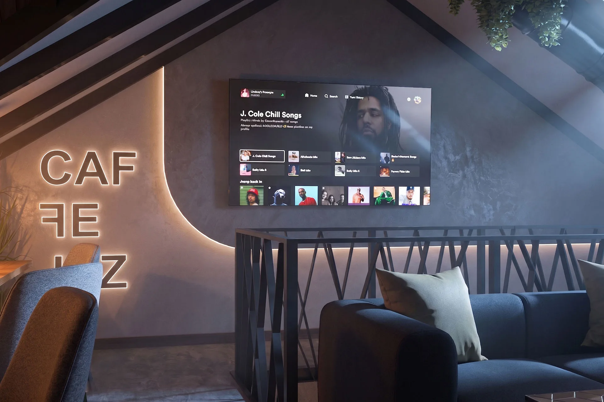 3D render zone sa digitalnim ekranom i pultom u potkrovlju kafea Jež