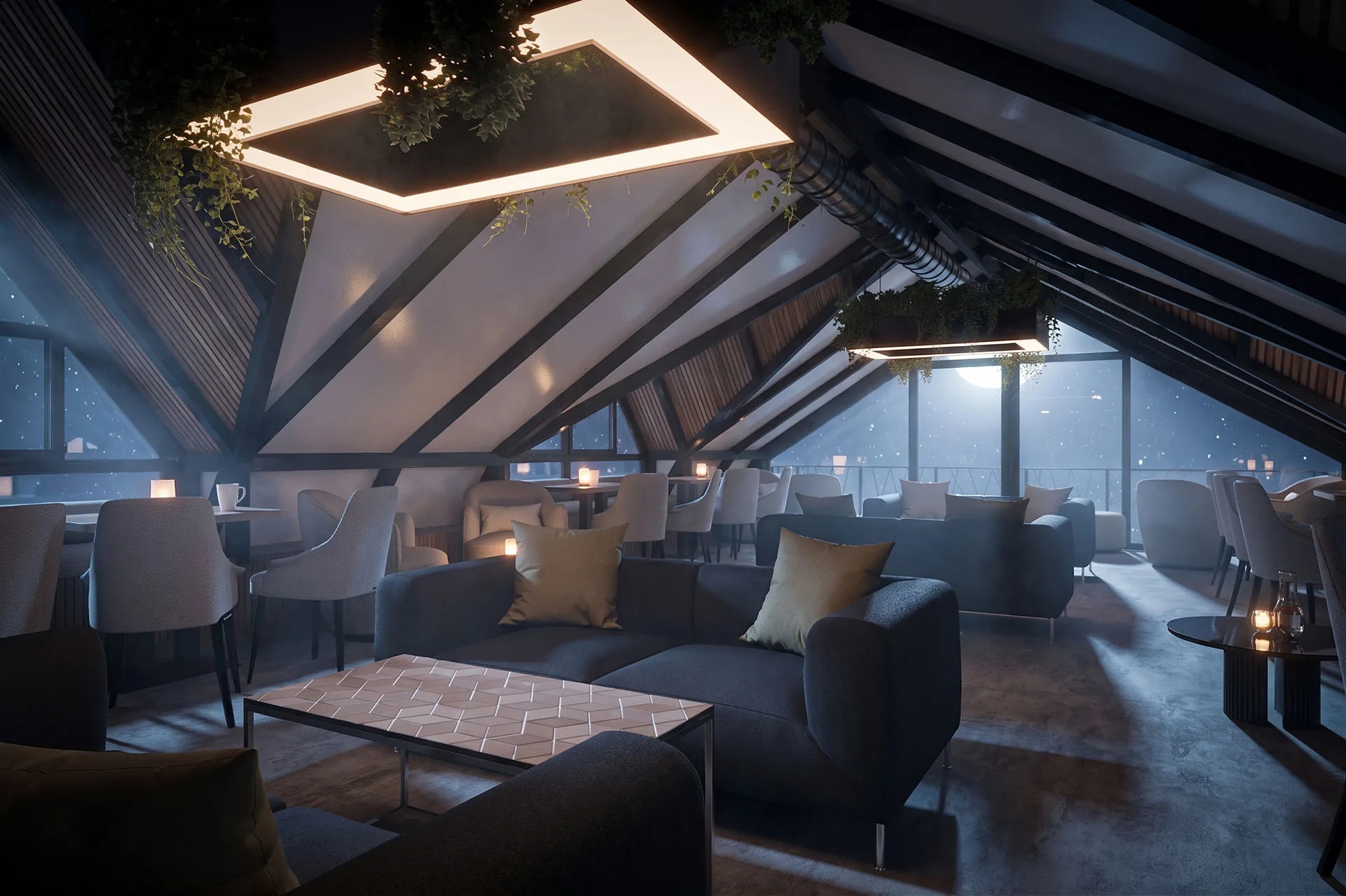 3D render ležerne zone za sedenje u potkrovlju kafea Jež sa visećom rasvetom