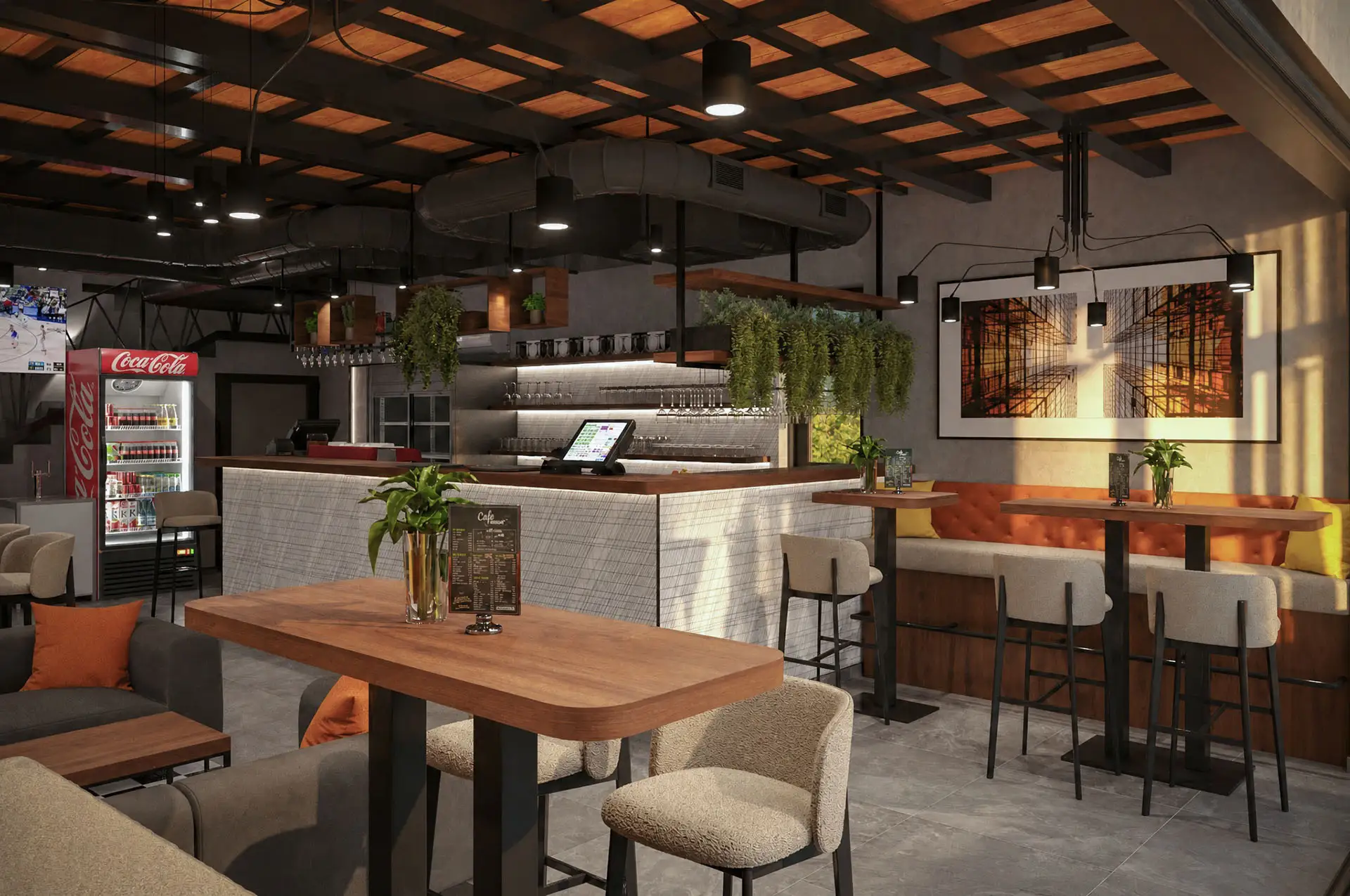3D render bočnog dela potkrovlja kafea Jež sa stolom uz prozor i drvenim gredama