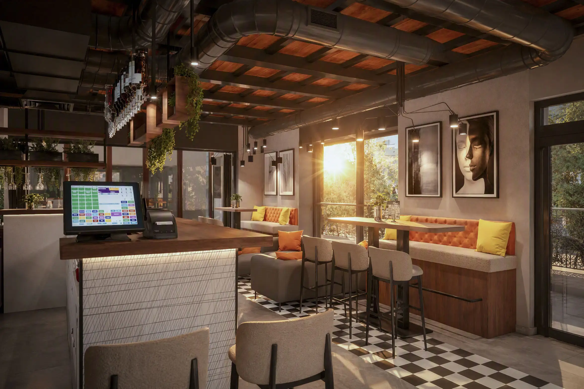 3D render šanka u potkrovlju kafea Jež sa foto-zidom i šahovskim podom