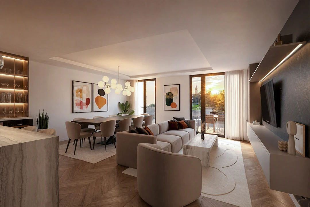 3D koncept render dnevnog boravka i kuhinje okrenutih ka terasi i pogledu