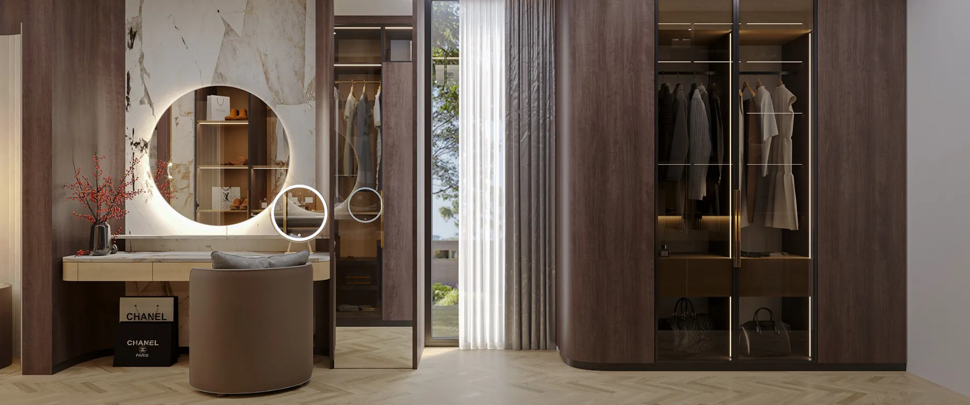 3D render garderobe porodične vile u Sloveniji sa drvenim furnirom i ambijentalnom rasvetom
